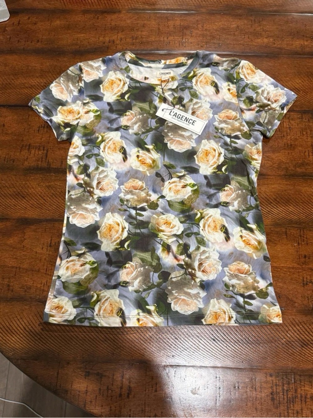 L'AGENCE Ressi -Multi Distressed Floral Short Sleeve Tee, Extra Small